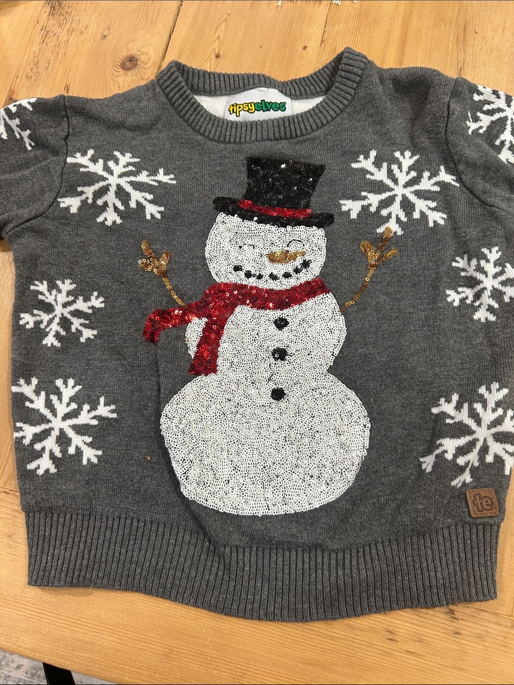 Tipsy Elves Holiday Snowman Sequin Sweater - Gray youth small